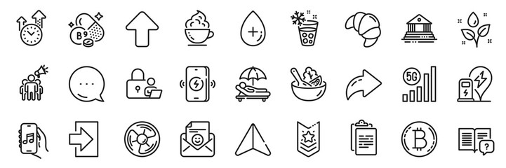 Smile, Lock and Salad line icons pack. Share, Message, Paper plane icons. Instruction manual, Upload, Login web icon. Bitcoin, Plants watering, Coffee cup pictogram. Vector