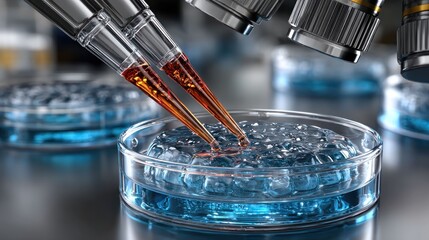 Petri dishes, pipettes, and microscopes in a laboratory setting.  Liquid samples are being transferred