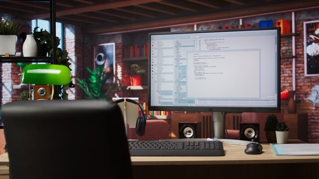 Lines of code written on PC workstation screen on development tool application. Debugging software programming language displayed on computer monitor in living room office