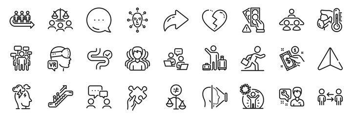 Broken heart, Teamwork and Puzzle line icons pack. Share, Message, Paper plane icons. People chatting, Stress, Augmented reality web icon. Queue, Coronavirus protection, Escalator pictogram. Vector