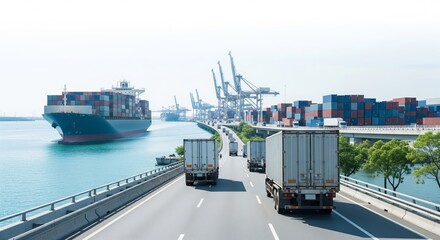 Shipping containers and trucks at busy port terminal with cranes and highway