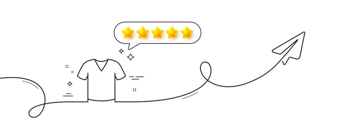 T-shirt line icon. Continuous line with share plane. Tee shirt wear sign. Fabric sport clothes symbol. Five star rate review in speech bubble. T-shirt single line ribbon. Loop curve pattern. Vector
