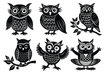 Set of Cute Cartoon Owls Sitting on Different Props

