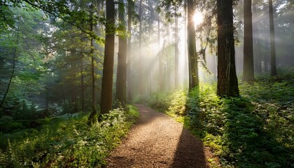 Naklejka premium path through a lush misty forest sunlight filters through tall trees