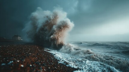 Powerful waves crash on a stormy beach
