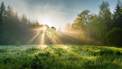 sunlight streams through a misty forest onto a grassy clearing