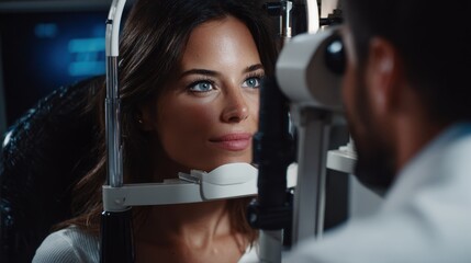 Side view of a patient seated calmly in an optometry suite while an eyecare specialist carefully aligns a phoropter medical equipment subtly highlighted by ambient lighting.