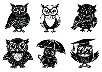 Naklejka premium Set of Cute Cartoon Owls Sitting on Different Props