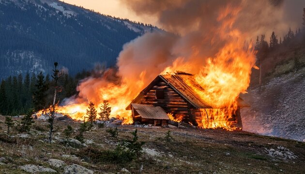 flames engulf an abandoned wooden cabin nestled in the mountains with roaring fire thick smoke and glowing embers casting a fiery glow over the rugged landscape