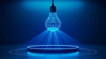 Futuristic glowing light bulb with digital effect in dark blue space
