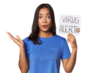 Young filipino woman warning with "virus alert"