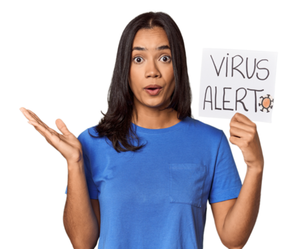 Young filipino woman warning with "virus alert"