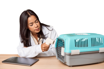 Young Filipino vet with laptop and carrier, caring