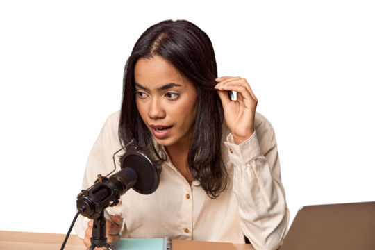 Filipino woman podcasting with mic and laptop - Powered by Adobe
