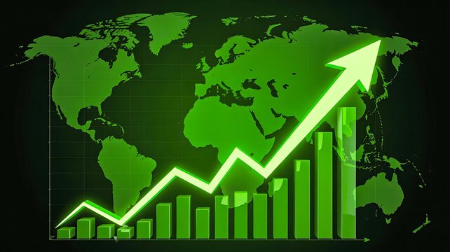 Global economic growth graph with digital green arrow and world map background