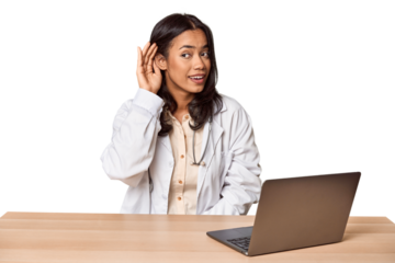 Young Filipino doctor with laptop in studio trying to listening a gossip.
