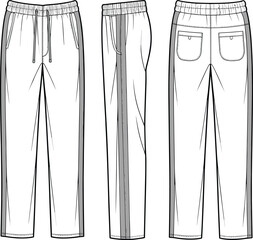 Casual pants technical sketch, front side back view, elastic waistband, drawstring closure, side stripe detail, patch pockets, garment design reference