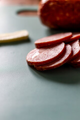 Pieces of sausage and a piece of cheese lie on a blue cutting board. The pieces of sausage are a rich red color with a marbled layer of fat. A rustic contrast to the modern look of the board.