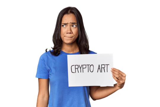 Woman with "crypto art" sign in studio confused, feels doubtful and unsure.