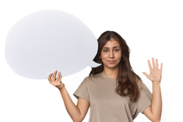 Middle Eastern woman holding comic bubble smiling cheerful showing number five with fingers.