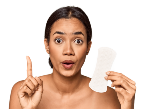 Filipino woman with sanitary pad in studio having some great idea, concept of creativity. - Powered by Adobe