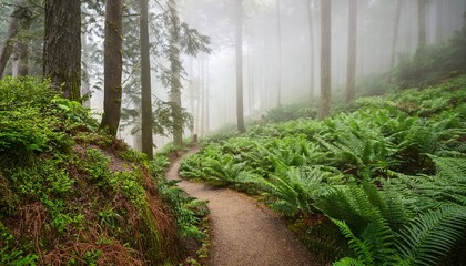 winding trail through a misty forest filled with ferns and lush greenery