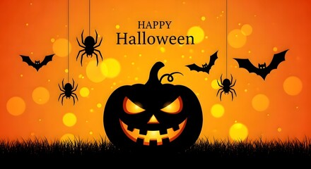 Spooky halloween night with a jack o lantern bats and spiders on an orange bokeh background