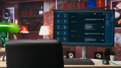AI LLM chatbot answering user prompts using predictive technology in home office. Computer setup in apartment workspace using large language model program with artificial intelligence, panning shot