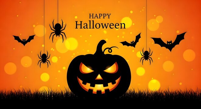 Spooky halloween night with a jack o lantern bats and spiders on an orange bokeh background - Powered by Adobe