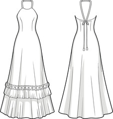 Fashion illustration, halter dress design, front view, back view, fitted bodice, long skirt, ruffle tiers, tie detail, circular band, flowing silhouette