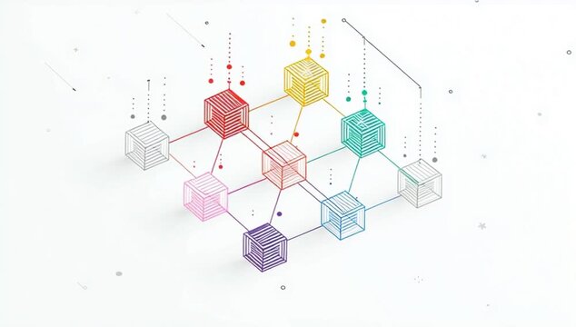A simple line drawing of an isometric network with colorful cubes and dots, on a white background, in a flat design style with simple lines and minimalism Generative AI