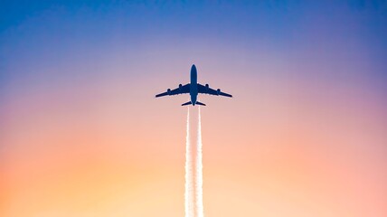 Passenger airplane flying in colorful sunset sky leaving contrails