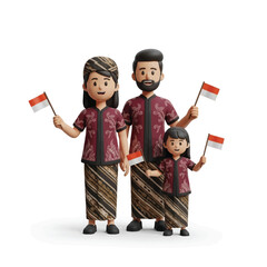 Indonesian family in traditional attire proudly holding Indonesian flags.