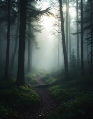 Fototapeta premium Misty Forest Path Sunlight Through Foggy Woods