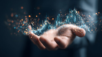 A Hand Holding Abstract Data Visualization with Blue and Orange Glowing Lines
