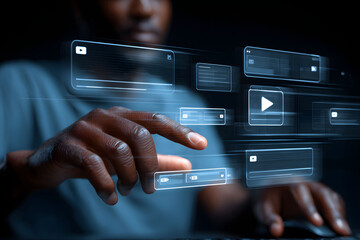 Person's Hands Interacting with a Futuristic Digital Interface, Dark Blue Hues