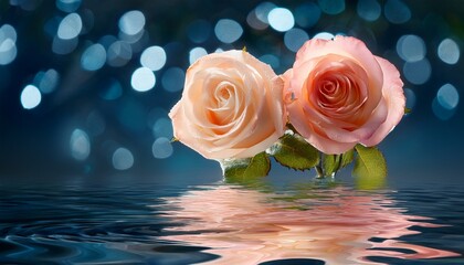 a minimalist composition with two roses water ripples and soft bokeh lights