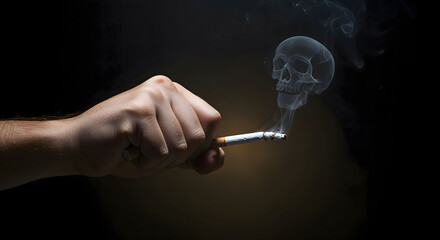 Hand Holding a Burning Cigarette with a Skull Emerging from Smoke Against a Dark Background