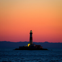 Fototapeta premium A Lighthouse Stands Alone in a Calm Sea at Sunset
