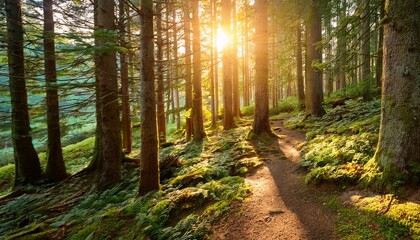 Obraz premium nature exploration on sunrise forest trail with golden light filtering through tall ancient trees and lush green mossy ground