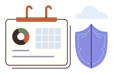 Calendar with graphs and schedules next to a shield symbolizing data security. Ideal for cybersecurity, planning, time management, analytics, privacy, efficiency, digital protection. Simple flat