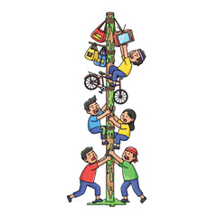 A group of people climbing a greased pole to reach prizes like a bicycle, TV, and bags at the top.