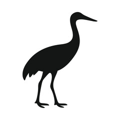 Elegant silhouette of a standing crane bird with long neck and legs on a white background