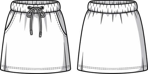 Skirt technical drawing, front and back view, elastic waistband, drawstring tie, side pockets, stitching detail, fashion sketch, apparel template