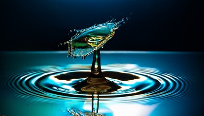 blue green and gold water drop impact creating ripples on a dark background with shimmering reflections and fluid motion