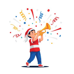 A boy in a Christmas hat plays a trumpet surrounded by festive confetti. © ByAngga VectorLabs