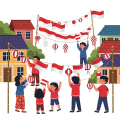 Obraz premium Children celebrate with Indonesian flags and lanterns strung between poles in a neighborhood setting.