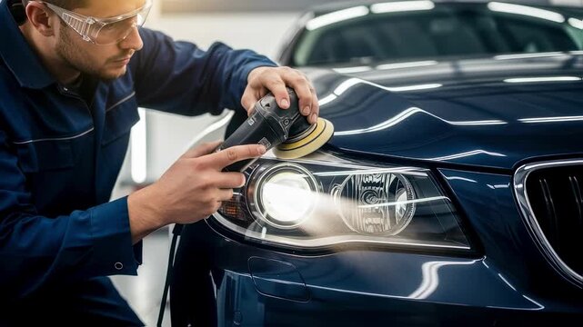 Skilled technician restoring headlight clarity to enhance car appearance.