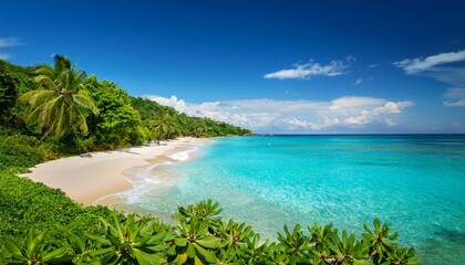 a serene tropical beach scene with lush greenery and clear blue waters under a bright sky