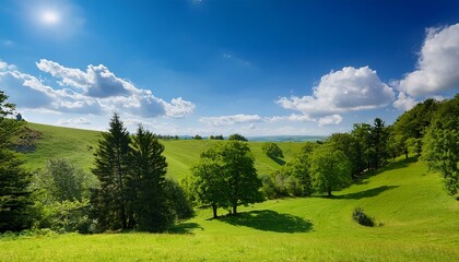 Naklejka premium lush greenery and various trees cover a hillside contrasting against the blue sky filled with fluffy white clouds a bright and clear day creates a vibrant atmosphere in this natural setting